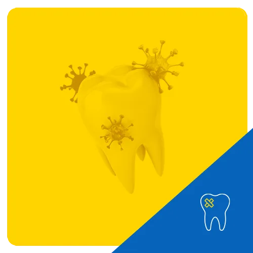 Gráfico 3D de un diente con múltiples bacterias sobresalientes, sobre un fondo amarillo, representando infección o caries dental
