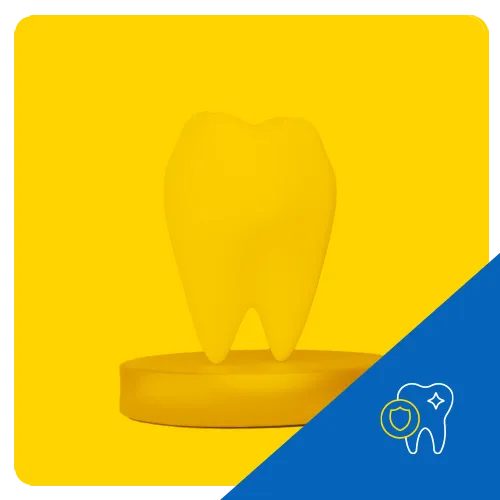 Representación 3D de un molar sobre un pedestal amarillo, simbolizando una muestra de salud dental o tratamiento.