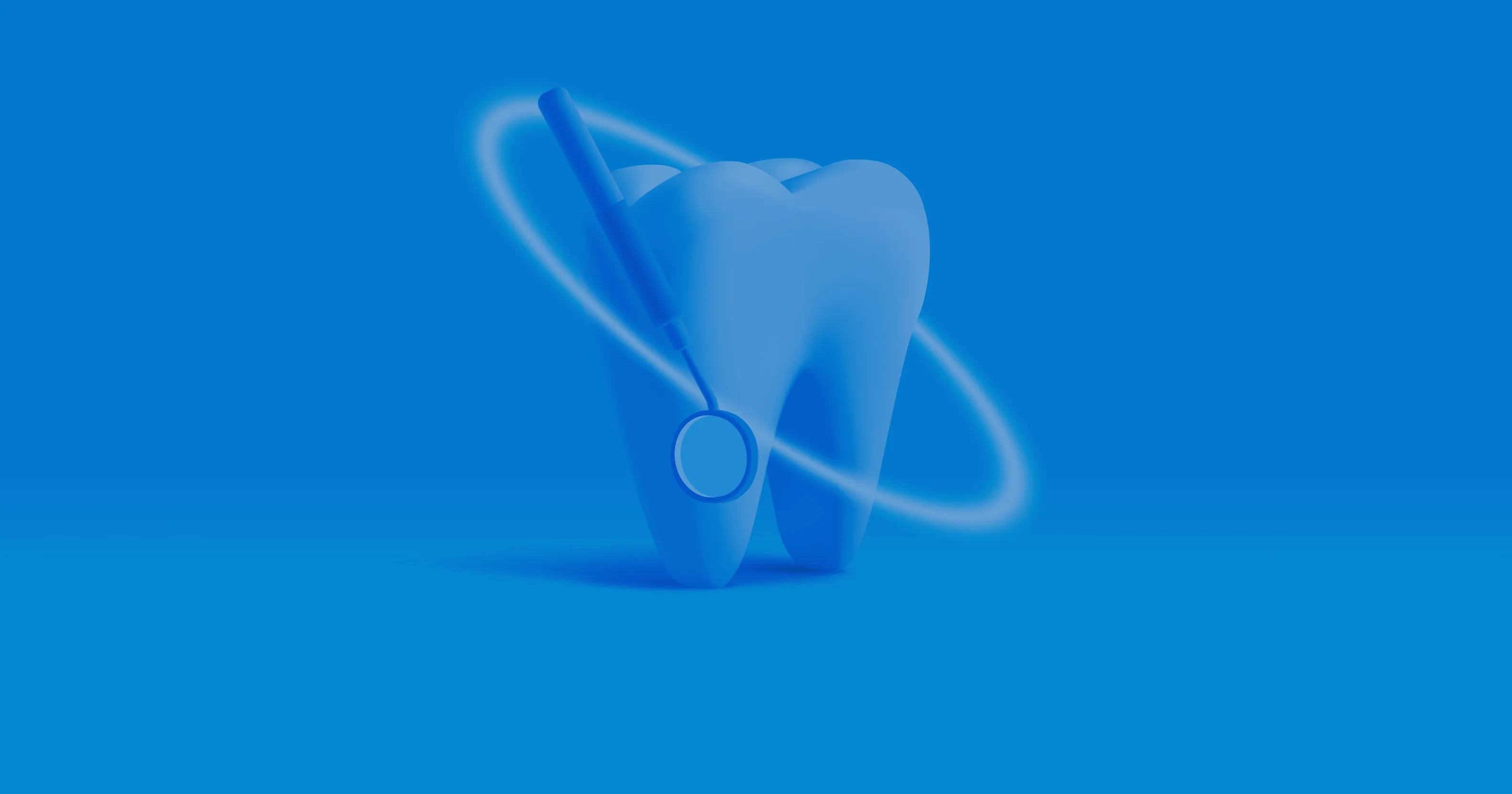 Gráfico 3D de un diente azul rodeado de herramientas dentales giratorias, simbolizando el cuidado dental dinámico sobre un fondo azul vibrante.