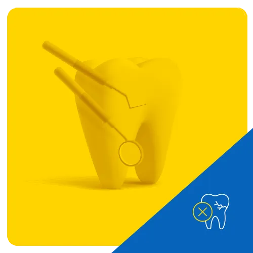 Representación 3D de un diente sometido a tratamiento dental con herramientas, sobre un fondo amarillo, indicando cuidado dental restaurativo.