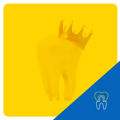 Gráfico 3D de un diente con una corona, representado con una corona real en la parte superior, sobre un fondo amarillo para simbolizar procedimientos de coronas dentales.