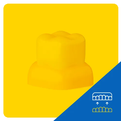 Ilustración 3D de dentaduras, mostrando un arco completo de dientes artificiales, sobre un fondo amarillo para representar prótesis dentales completas.