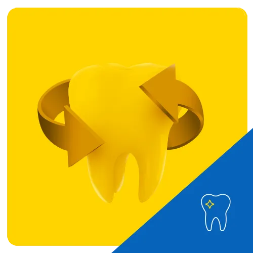 Ilustración 3D de un molar rodeado por flechas, sobre un fondo amarillo, simbolizando procesos como la rotación o ajuste dental en odontología.