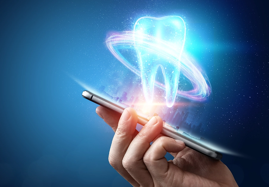 Ilustración 3D que muestra un implante dental junto a dientes naturales, destacando la estructura del implante y la integración con la encía.